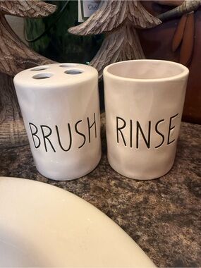 audrey White Ceramic 'Brush' & 'Rinse' Bathroom Tumbler Set